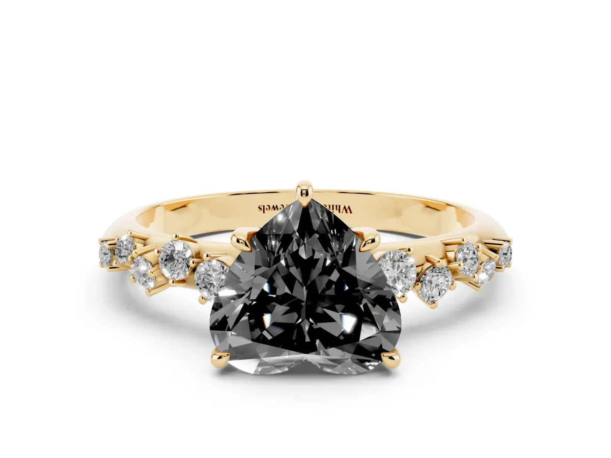 Fancy Black Heart Cut Diamond Cluster Side Stone Solitaire Ring with Prong Setting Yellow gold
