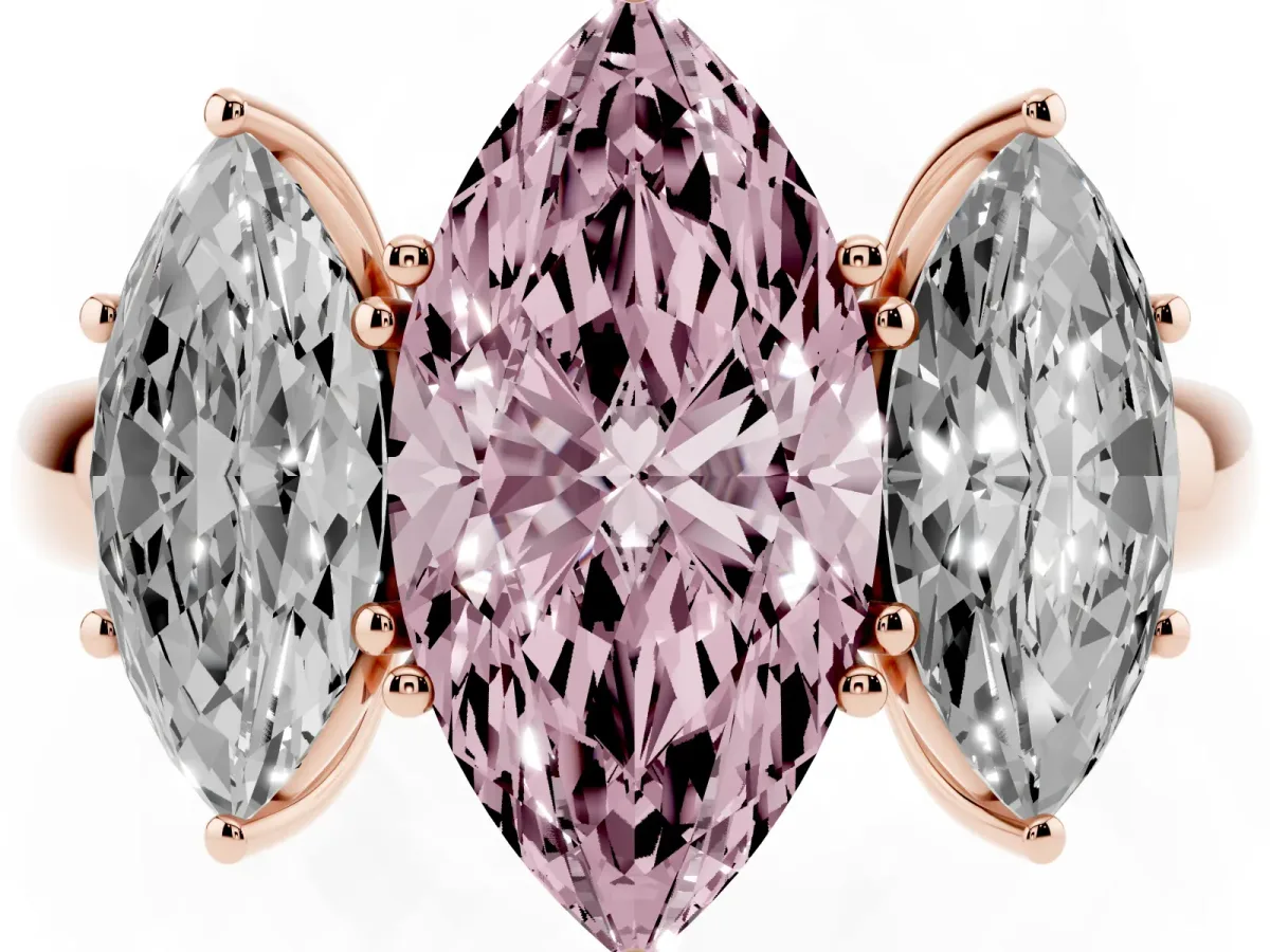 Fancy Pink Marquise Cut Diamond Three-Stone Ring with Four-Prong Setting and Classic Band Rose gold