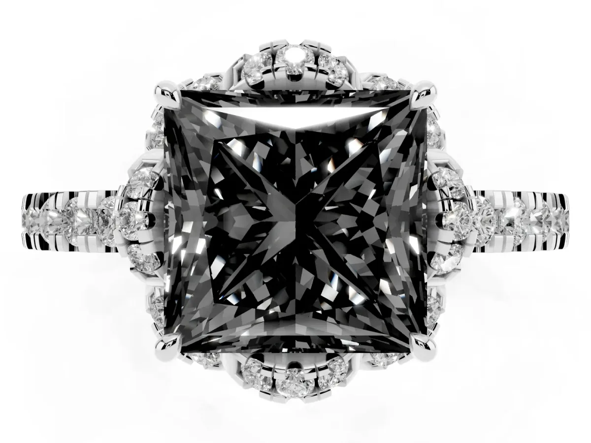 Fancy Black Princess Cut Diamond Halo Pave Band with Four-Prong Setting Silver