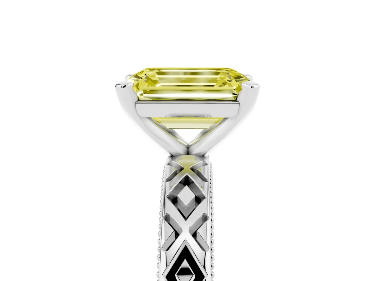 Fancy Yellow Emerald Cut Solitaire Diamond Ring with Milgrain and Black Enamel X Pattern Band Silver