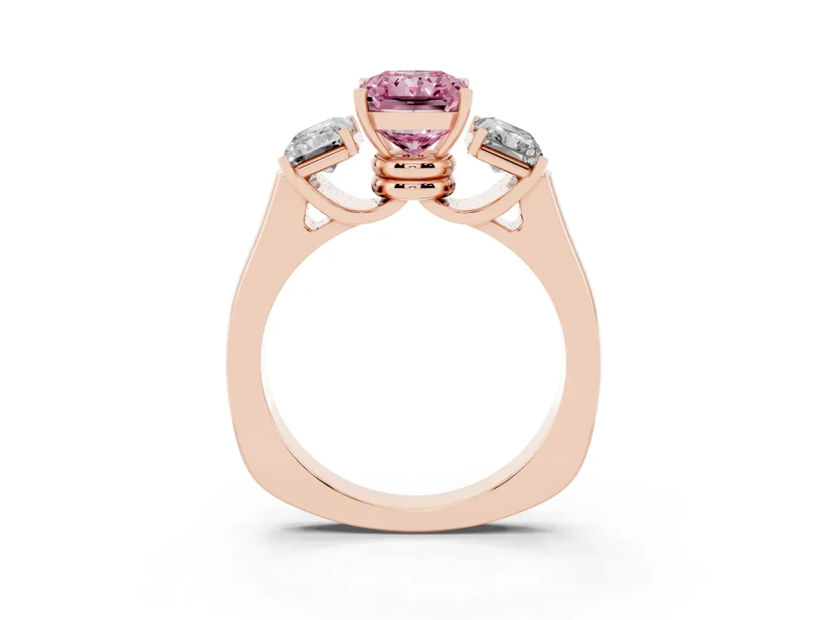 Fancy Pink Three-Stone Radiant Cut Brilliant Diamond Trellis Ring with Comfort Fit Band Rose gold