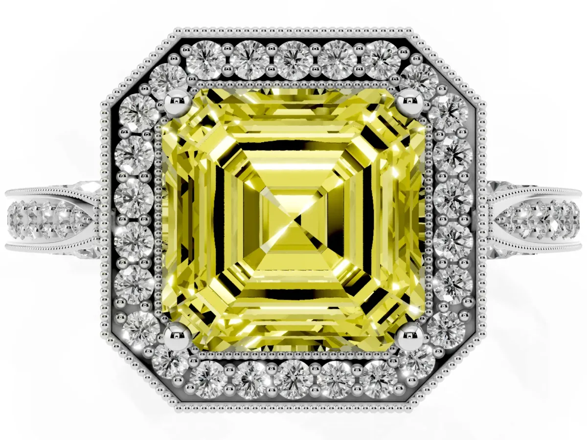 Fancy Yellow Asscher Cut Halo Diamond Engagement Ring with Split Shank Band and Four-Prong Setting Silver