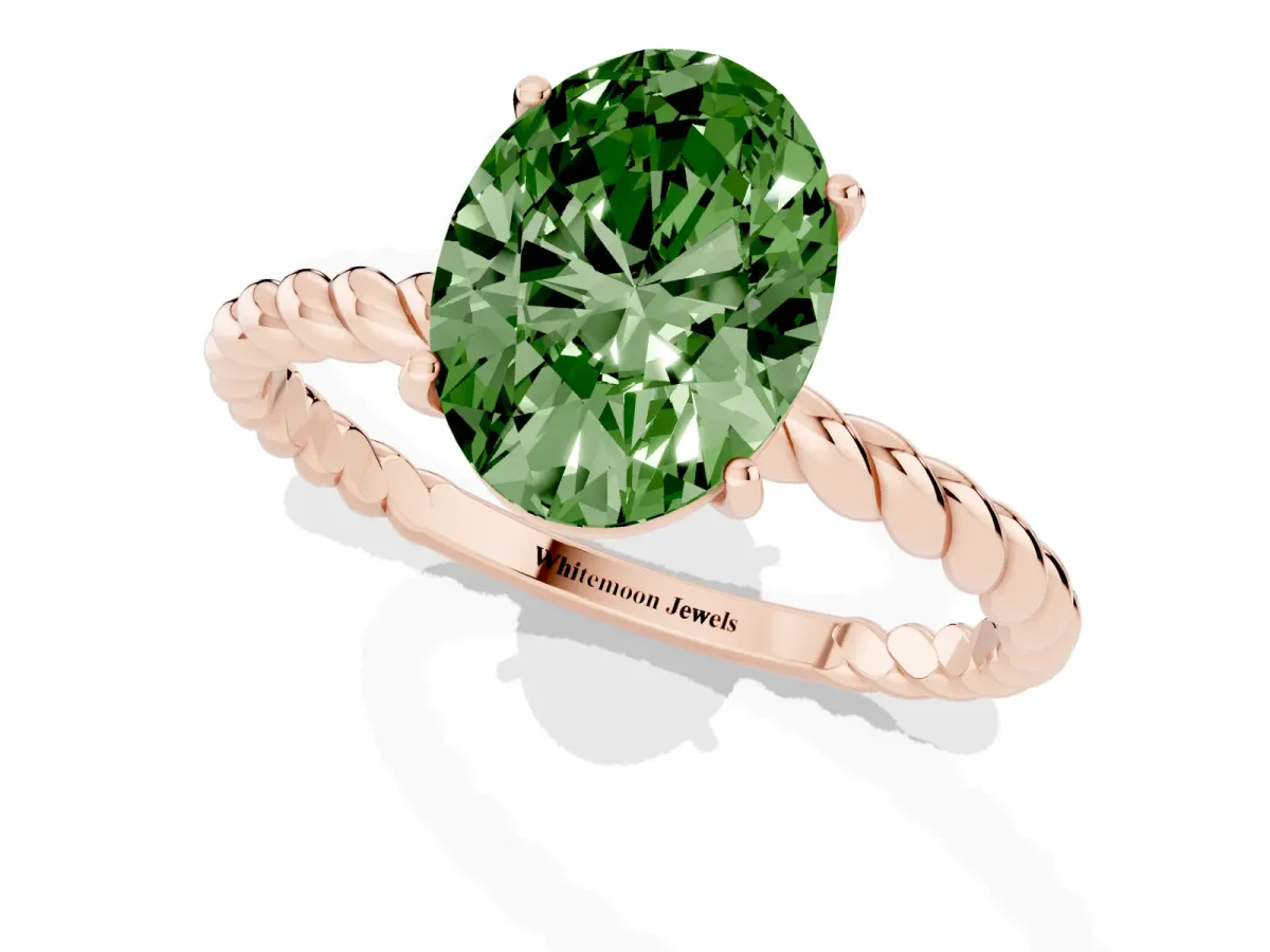 Fancy Green Oval Cut Solitaire Twist Band Ring with Four-Prong Setting Rose gold
