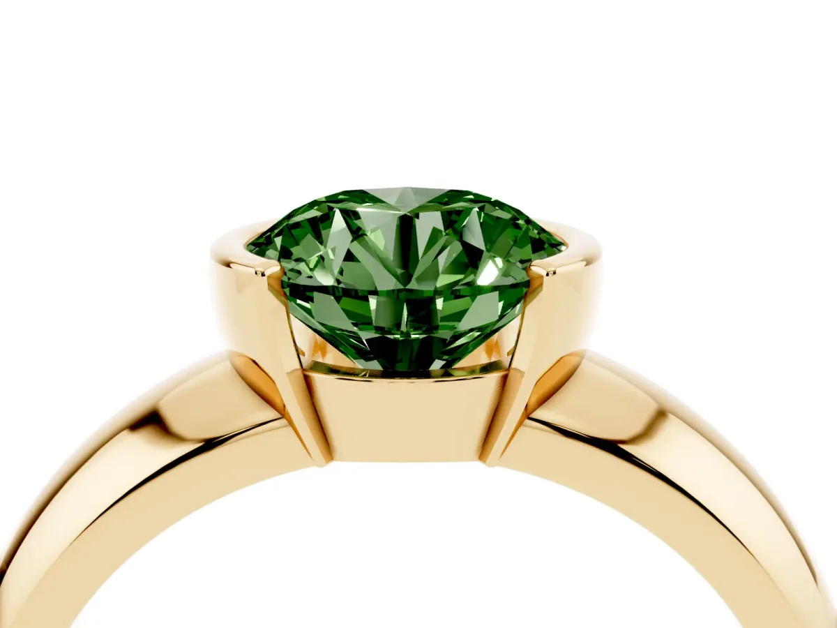 Fancy Green Round Cut Solitaire Tension Set Diamond Ring with Wide Band Yellow gold