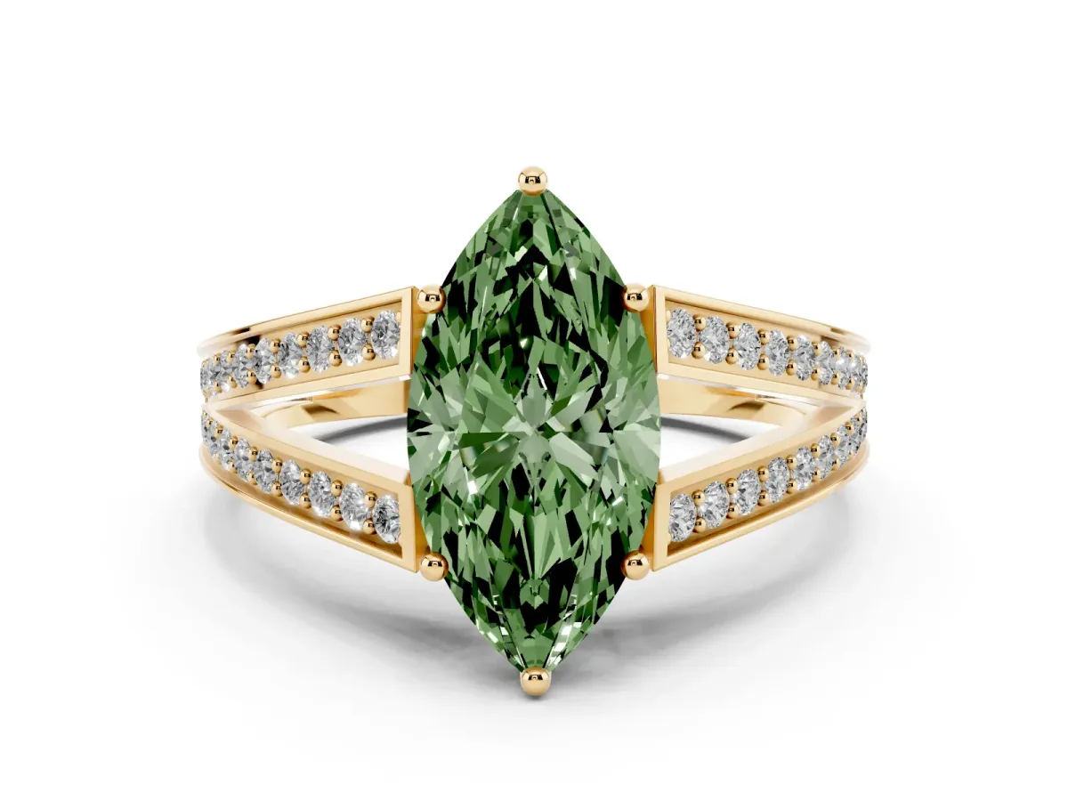 Fancy Green Marquise Cut Diamond Split Shank Ring with Pavé Band and Four-Prong Setting Yellow gold