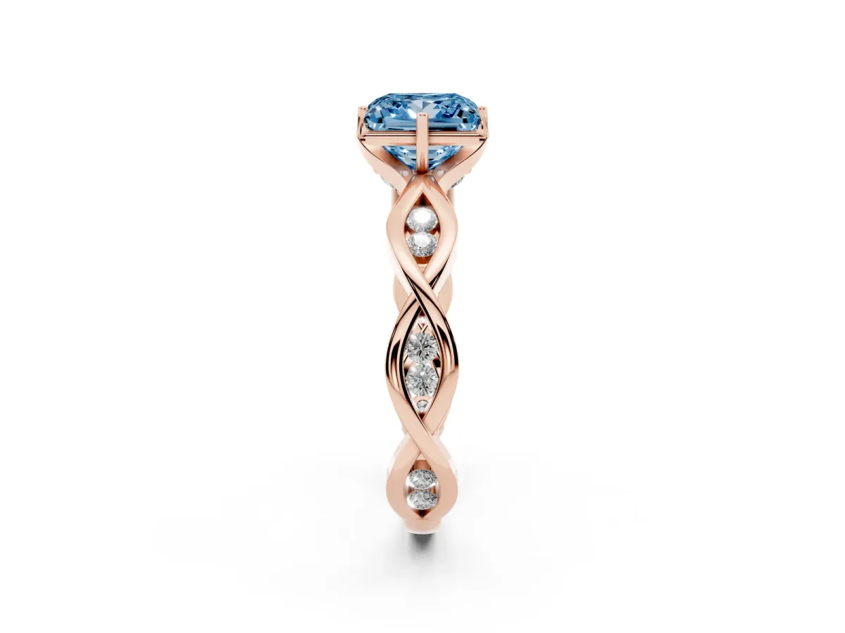 Fancy Blue Princess Cut Solitaire Twist Band with Leaf Prong Setting Rose gold