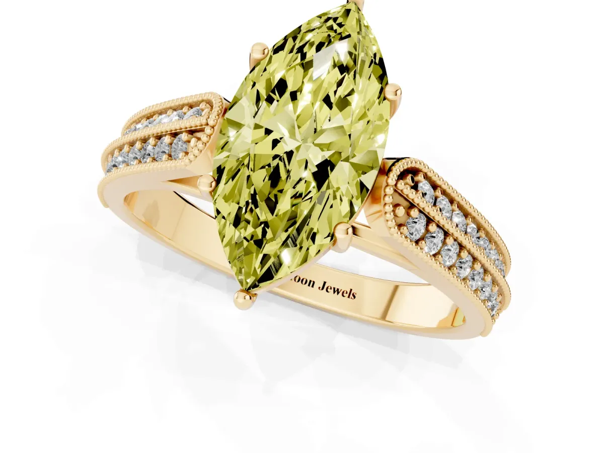 Fancy Yellow Marquise Cut Cut Pave Split Shank Engagement Ring with Four-Prong Setting Yellow gold