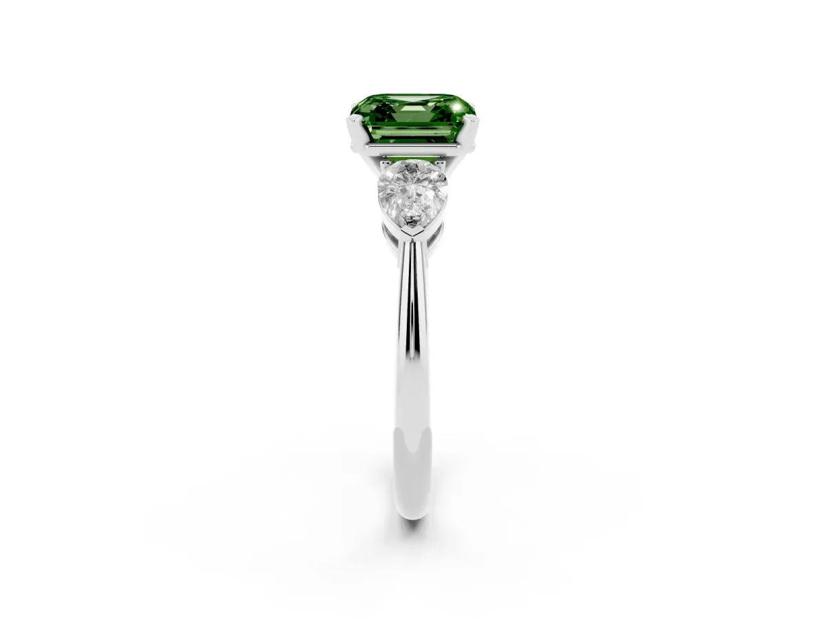 Fancy Green Three-Stone Asscher Cut Diamond Ring with Pear Side Stones and Four-Prong Setting Silver