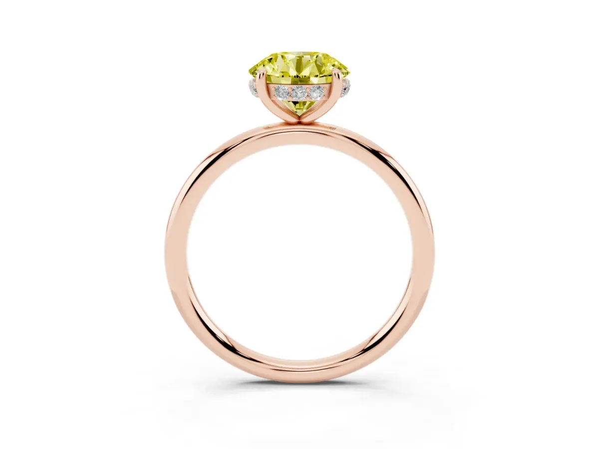 Fancy Yellow Round Cut Solitaire Diamond Ring with a Classic Band and Four-Prong Setting Rose gold