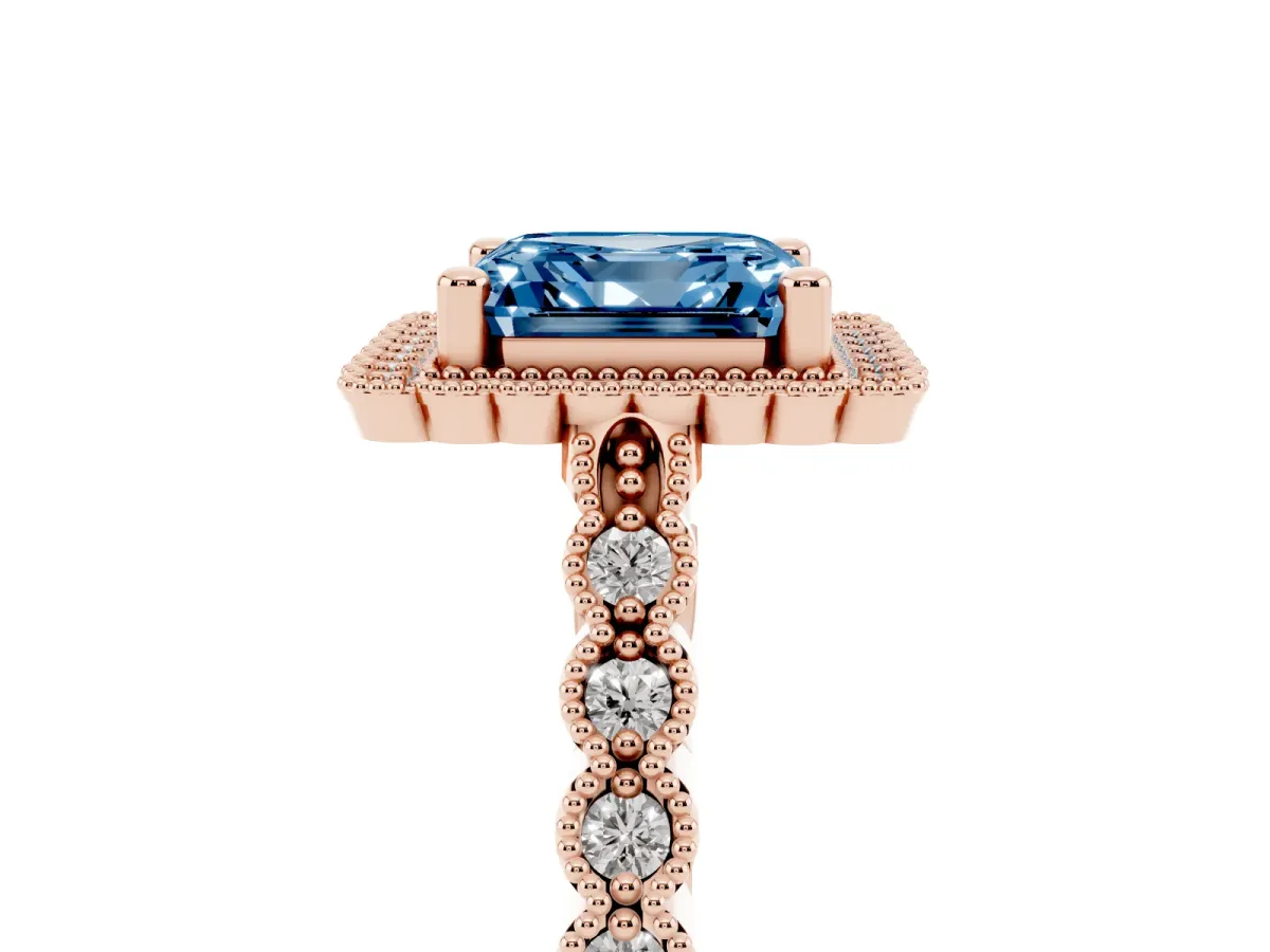 Fancy Blue Asscher Cut Cut Halo Pavé Solitaire Ring with Milgrain Band Rose gold