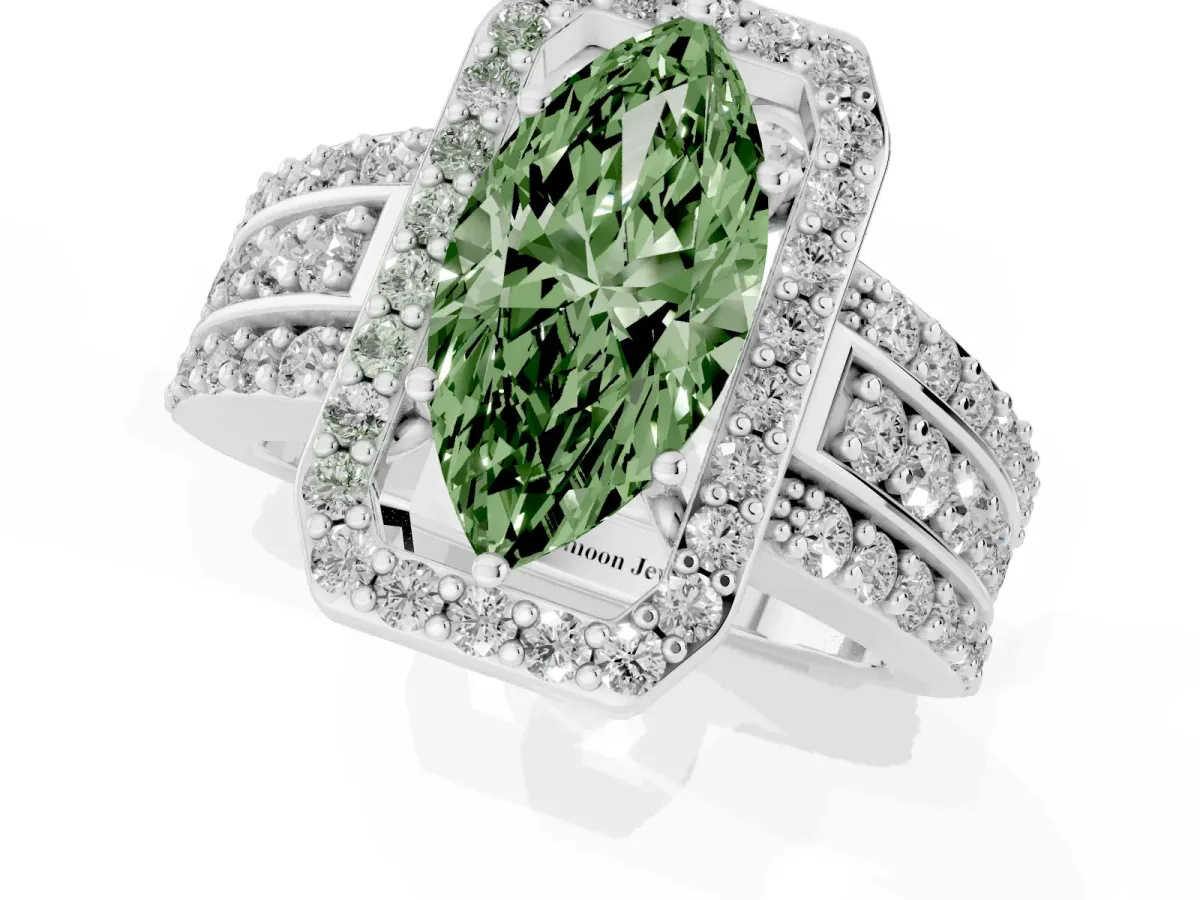 Fancy Green Marquise Cut Halo Diamond Ring with Round Split Shank and Prong Setting Silver