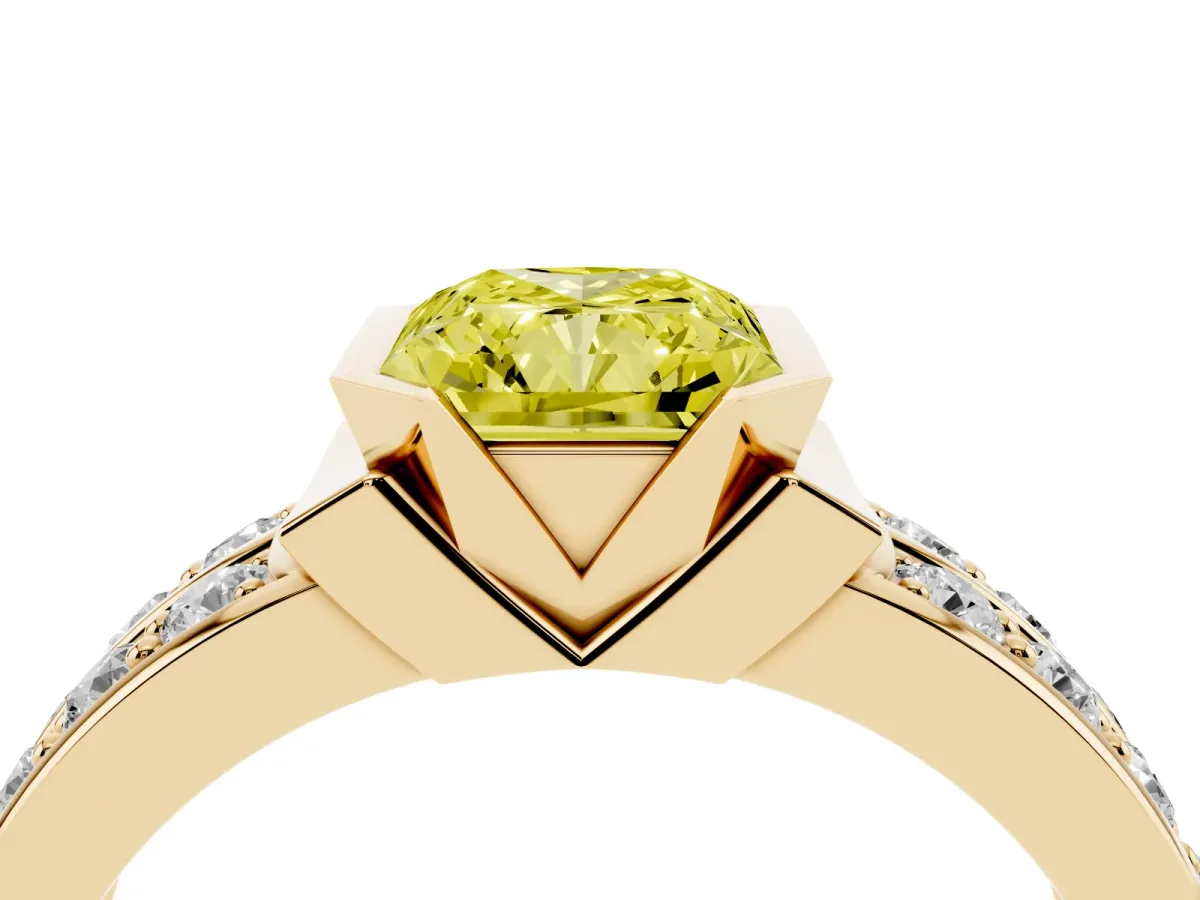 Fancy Yellow Radiant Cut Brilliant Diamond Channel Set Wide Band Ring with Bezel Setting Yellow gold