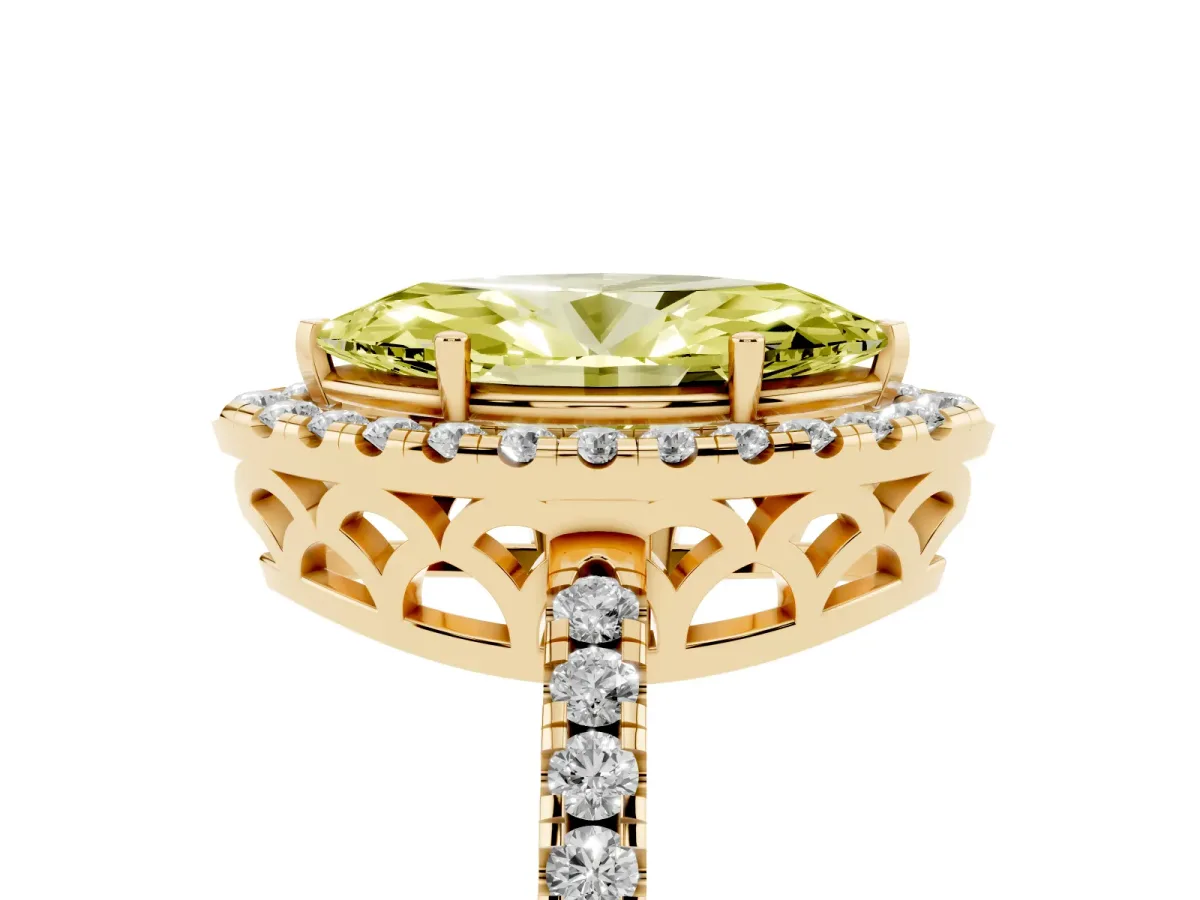 Fancy Yellow Marquise Cut Halo Diamond Engagement Ring with Pavé Band and Four-Prong Setting Yellow gold