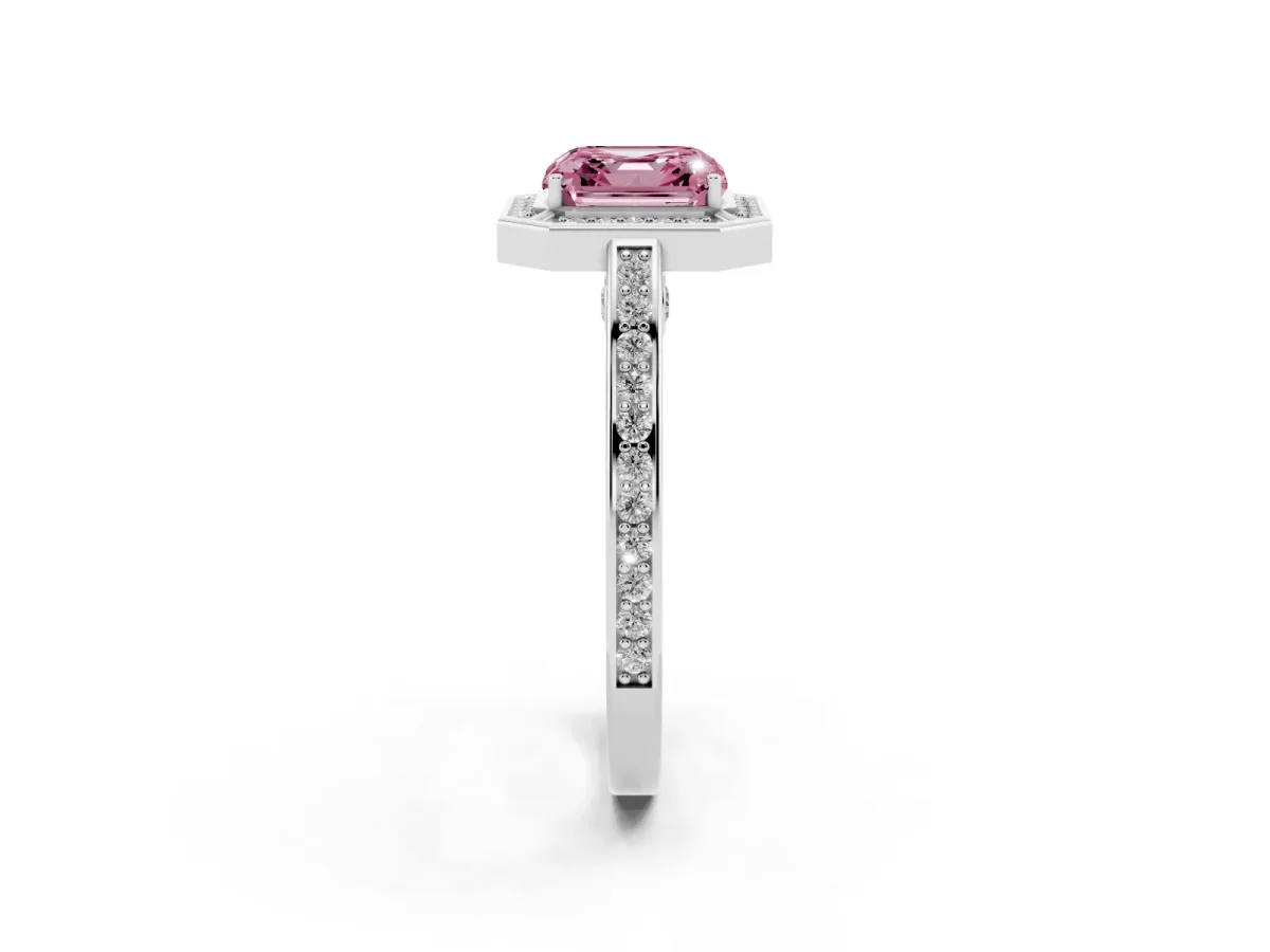 Fancy Pink Asscher Cut Cut Halo Pave Split Shank Prong Setting Ring Silver