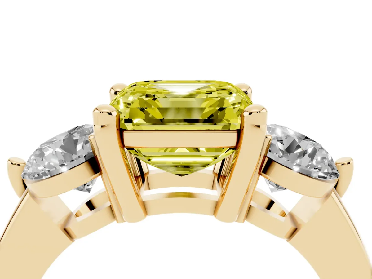 Fancy Yellow Three-Stone Asscher Cut Brilliant Cut Solitaire Ring with Prong Setting on a Classic Band Yellow gold