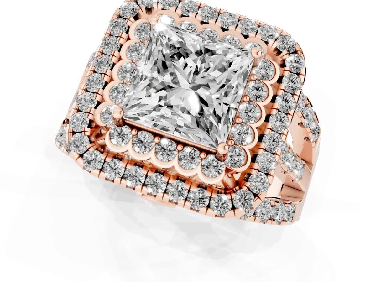 Princess Cut Diamond Double Halo Ring with Round Pavé Split Shank and Prong Setting Rose gold
