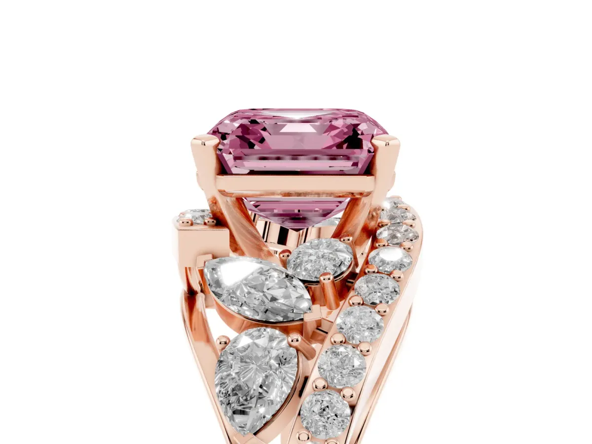 Fancy Pink Asscher Cut Diamond Halo Ring with Marquise and Pavé Band in Prong Setting Rose gold