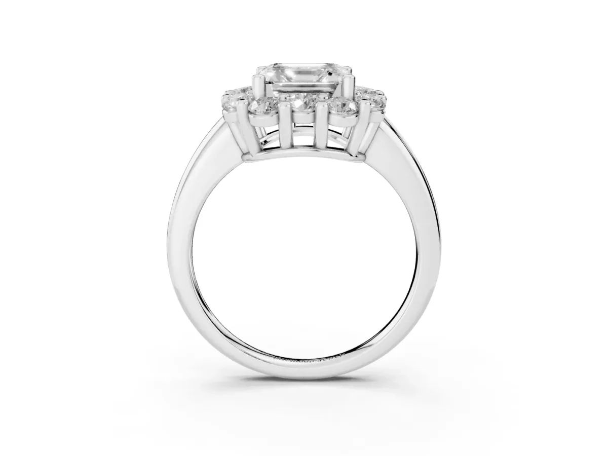 Asscher Cut Halo Cluster Diamond Engagement Ring with Prong Setting and Polished Band White gold