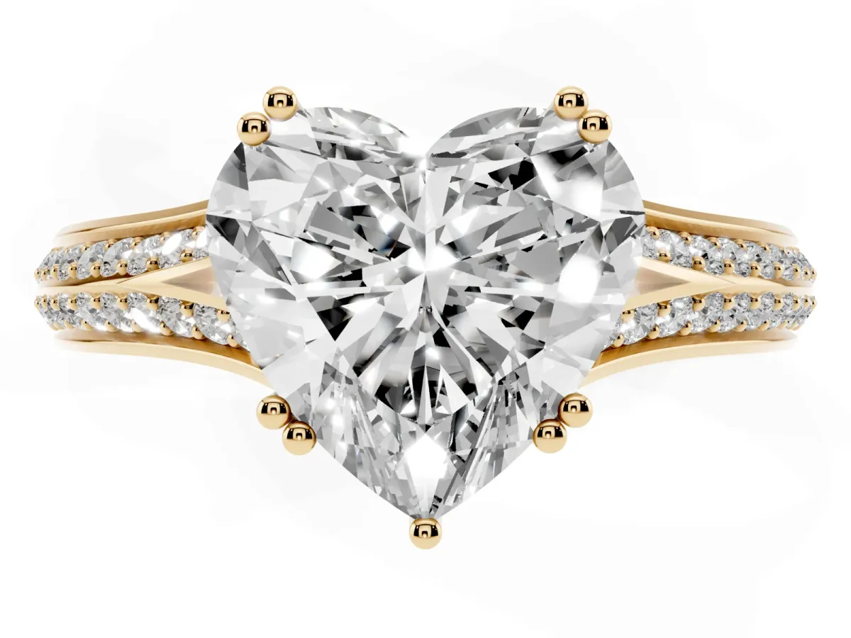 Heart Cut Diamond Split Shank Engagement Ring with Pavé Band Yellow gold