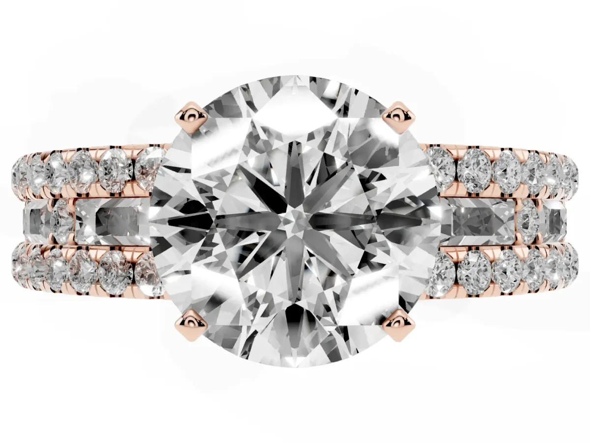 Round Cut Diamond Solitaire Ring with Pavé and Channel Set Band Rose gold