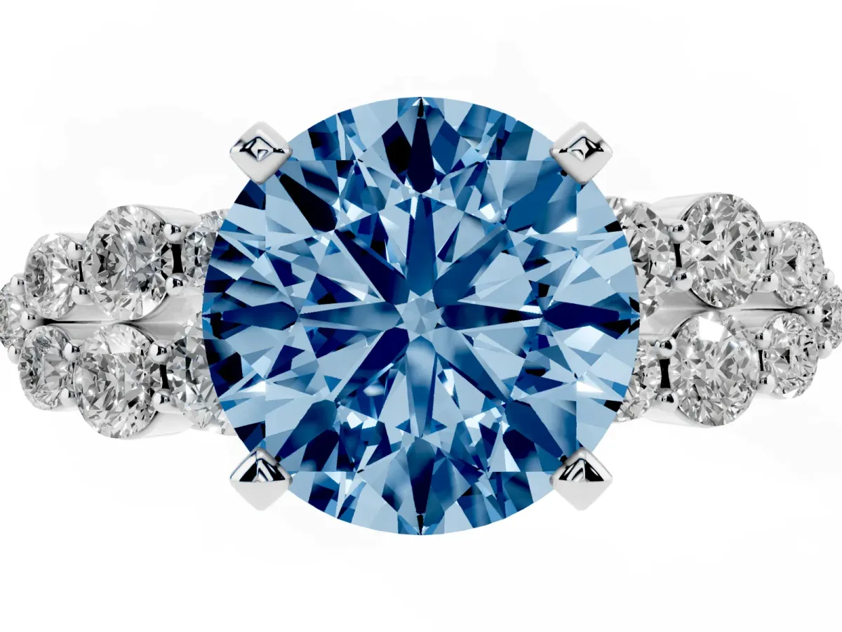 Fancy Blue Round Cut Cluster Diamond Engagement Ring with Pavé Band and Four-Prong Setting Silver