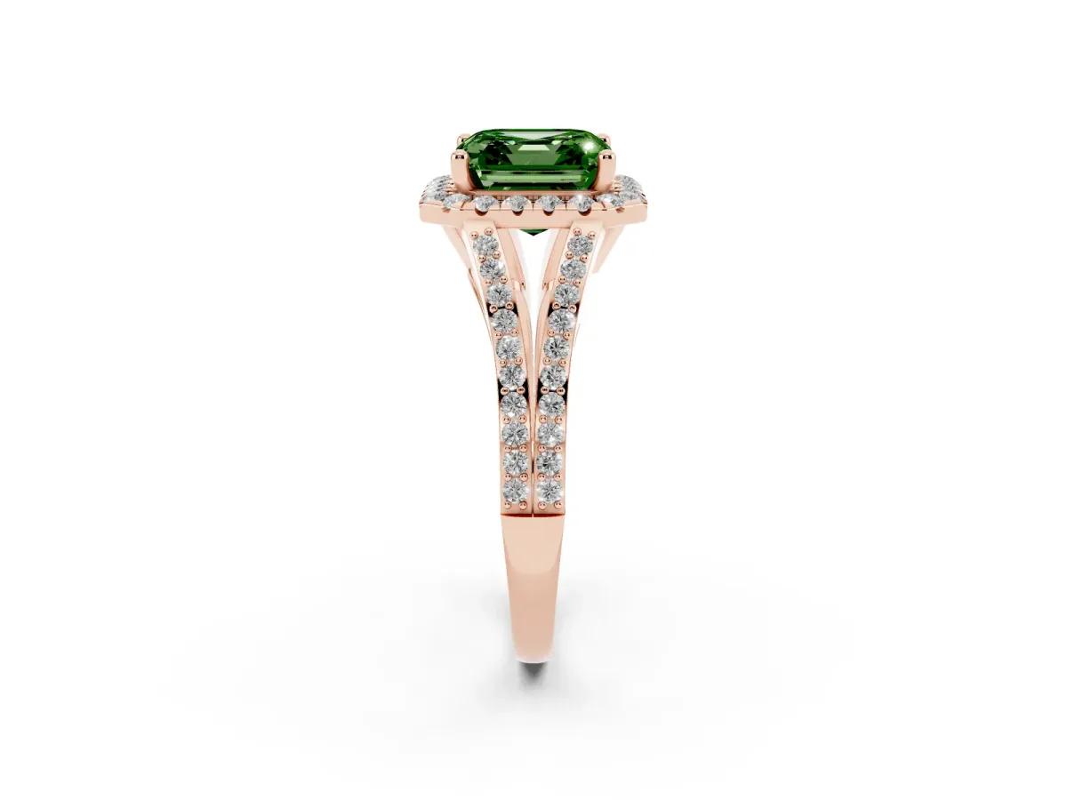 Fancy Green Asscher Cut Halo Split Shank Diamond Ring with Prong Setting Rose gold