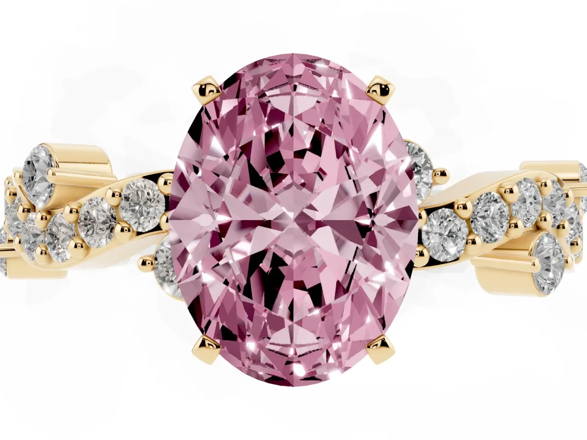 Fancy Pink Oval Cut Cut Solitaire Diamond Twisted Band with Pave Setting Yellow gold