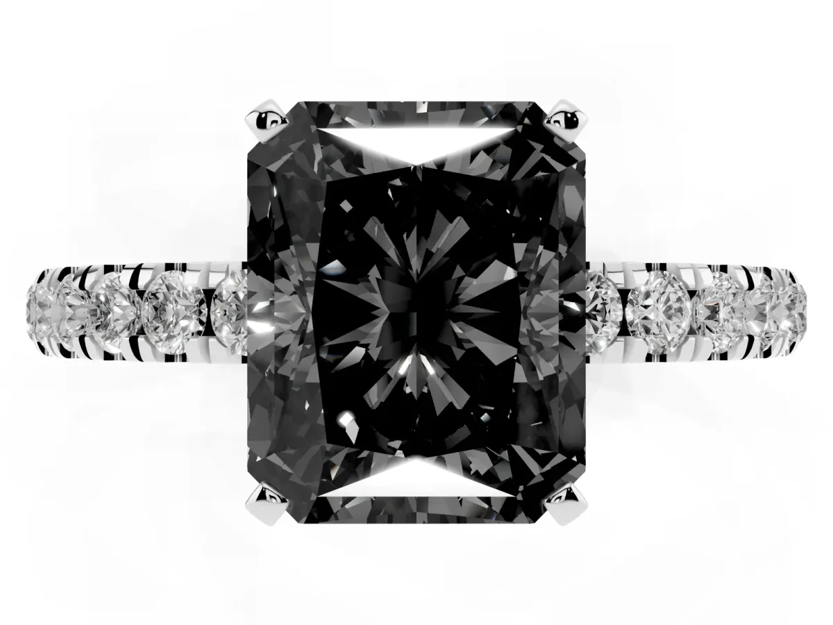 Fancy Black Radiant Cut Diamond Solitaire Ring with Pavé Accents and Four-Prong Setting Silver