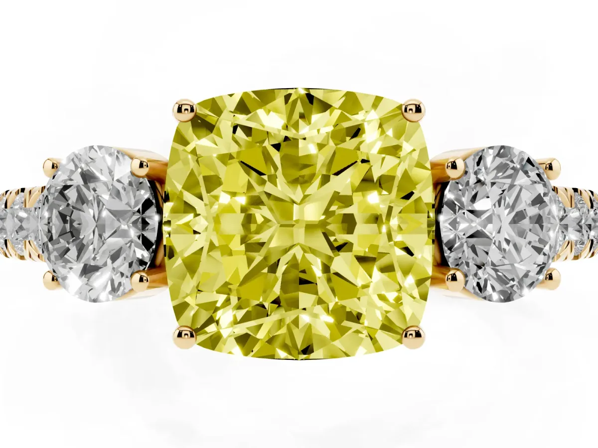 Fancy Yellow Cushion Cut Cut Diamond Three-Stone Ring with Round Side Stones and Pavé Band Yellow gold