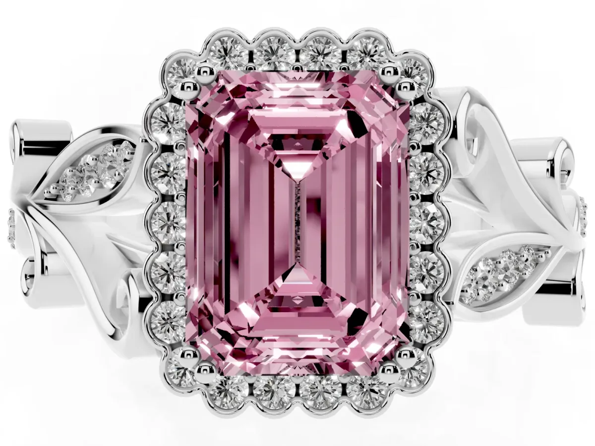 Fancy Pink Emerald Cut Diamond Halo Ring with Vintage Split Shank and Four-Prong Setting Silver