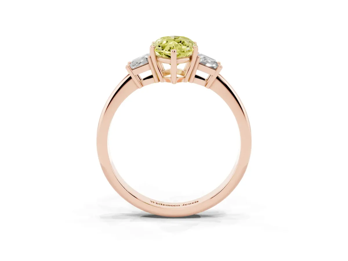 Fancy Yellow Marquise Cut Diamond Three-Stone Ring with Trapezoid Side Stones and Prong Setting Rose gold