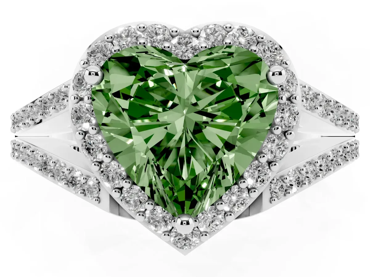 Fancy Green Heart Cut Halo Split Shank Pave Diamond Ring with Four-Prong Setting Platinum