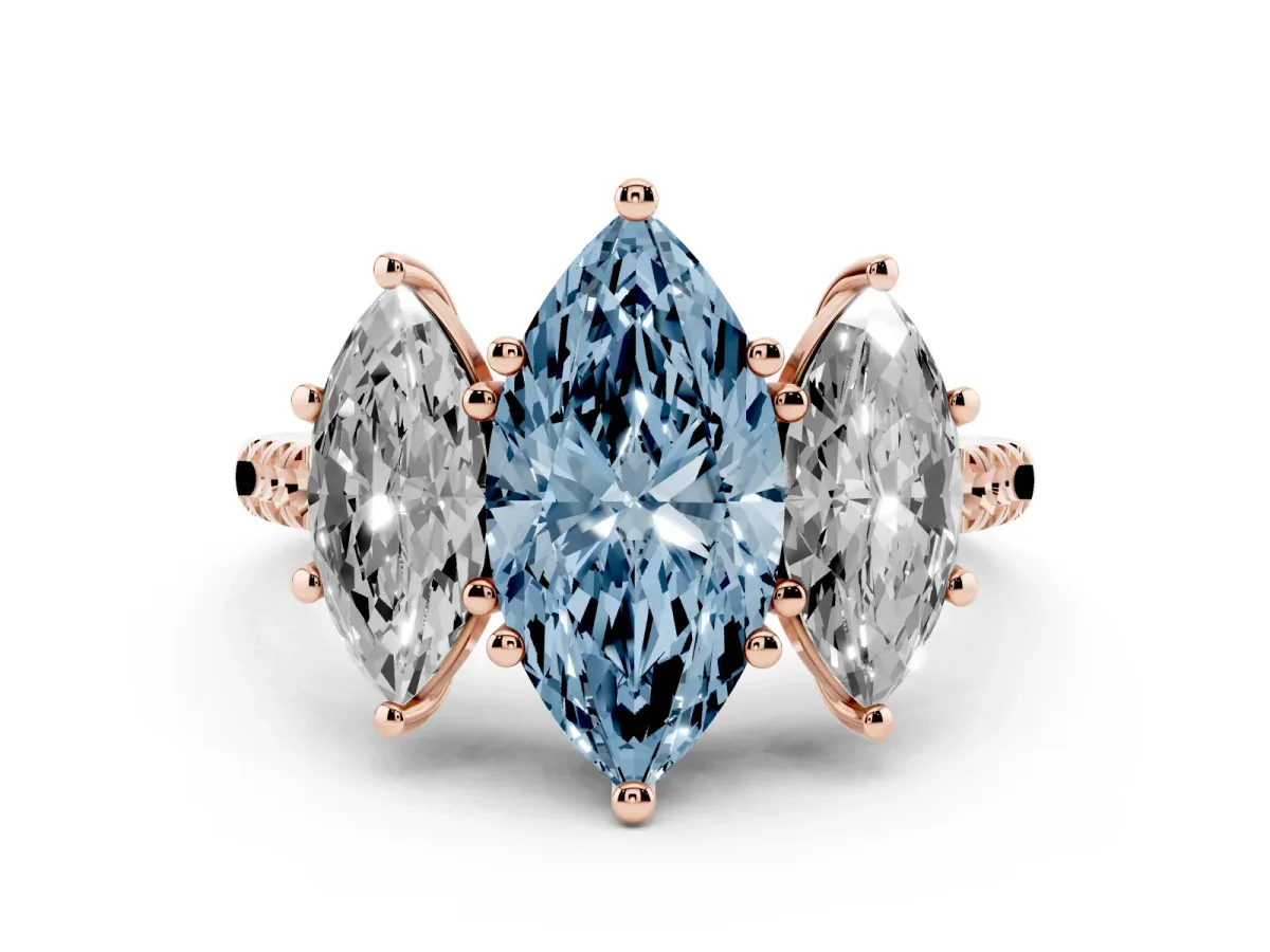 Fancy Blue Three-Stone Marquise Cut Diamond Ring with Round Pavé Band and Prong Setting Rose gold