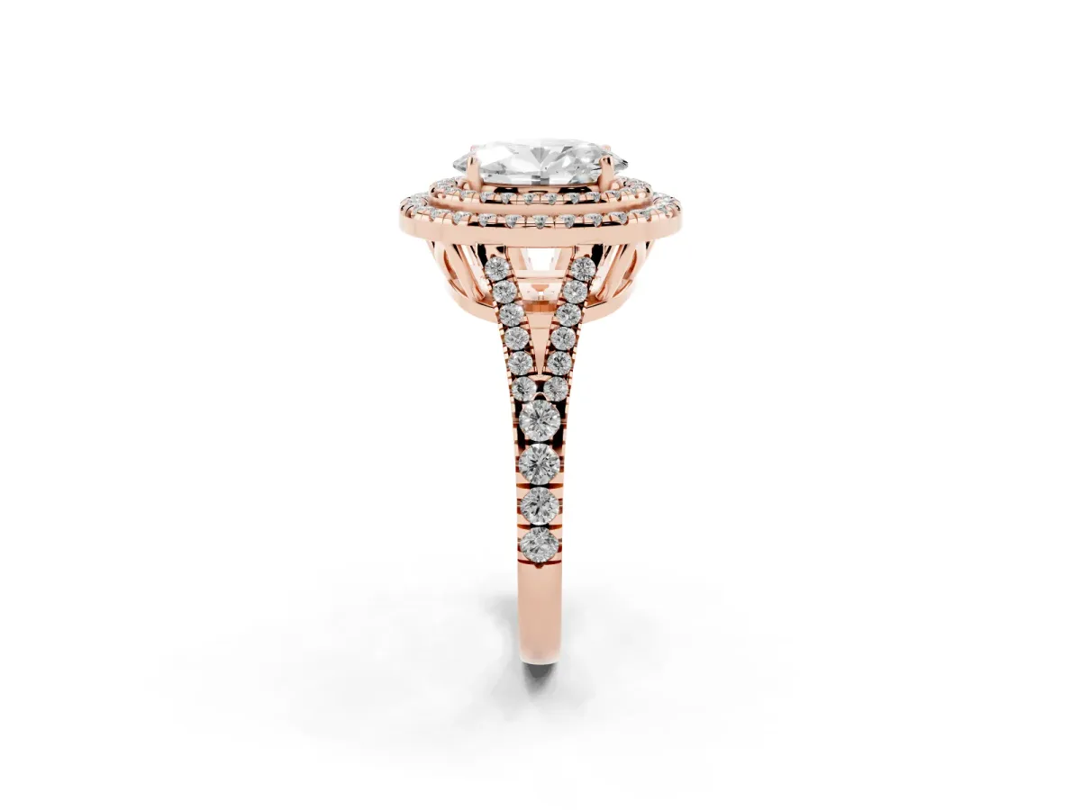 Oval Cut Diamond Double Halo Ring with Pavé Band and Prong Setting Rose gold