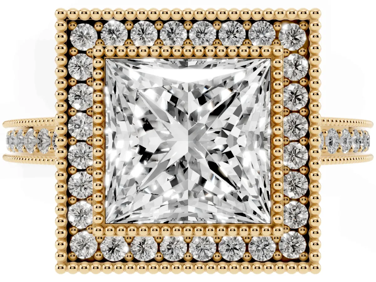 Princess Cut Cut Halo Diamond Ring with Pavé Band and Milgrain Prong Setting Yellow gold
