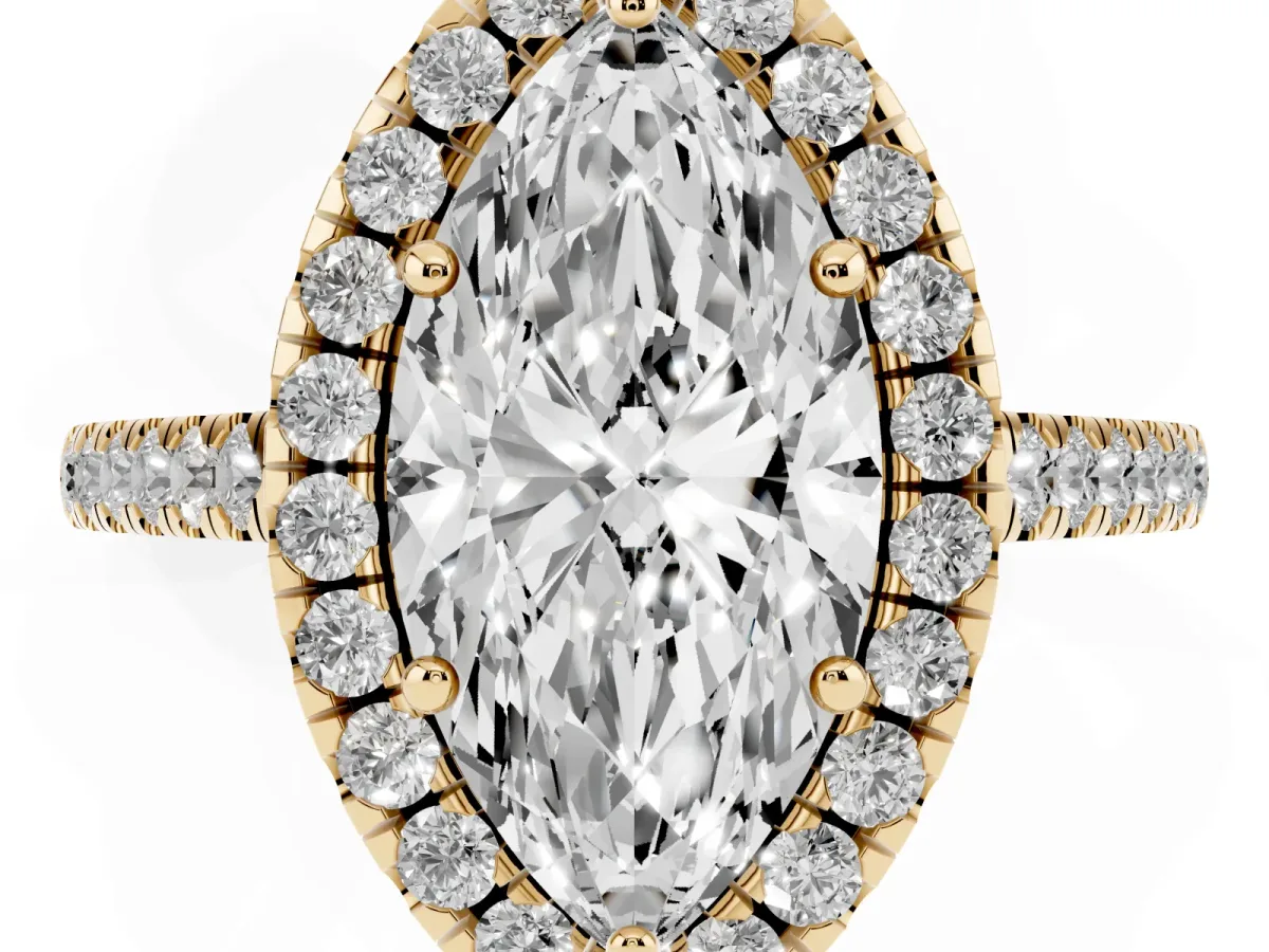 Marquise Cut Halo Pavé Diamond Engagement Ring with Four-Prong Setting Yellow gold