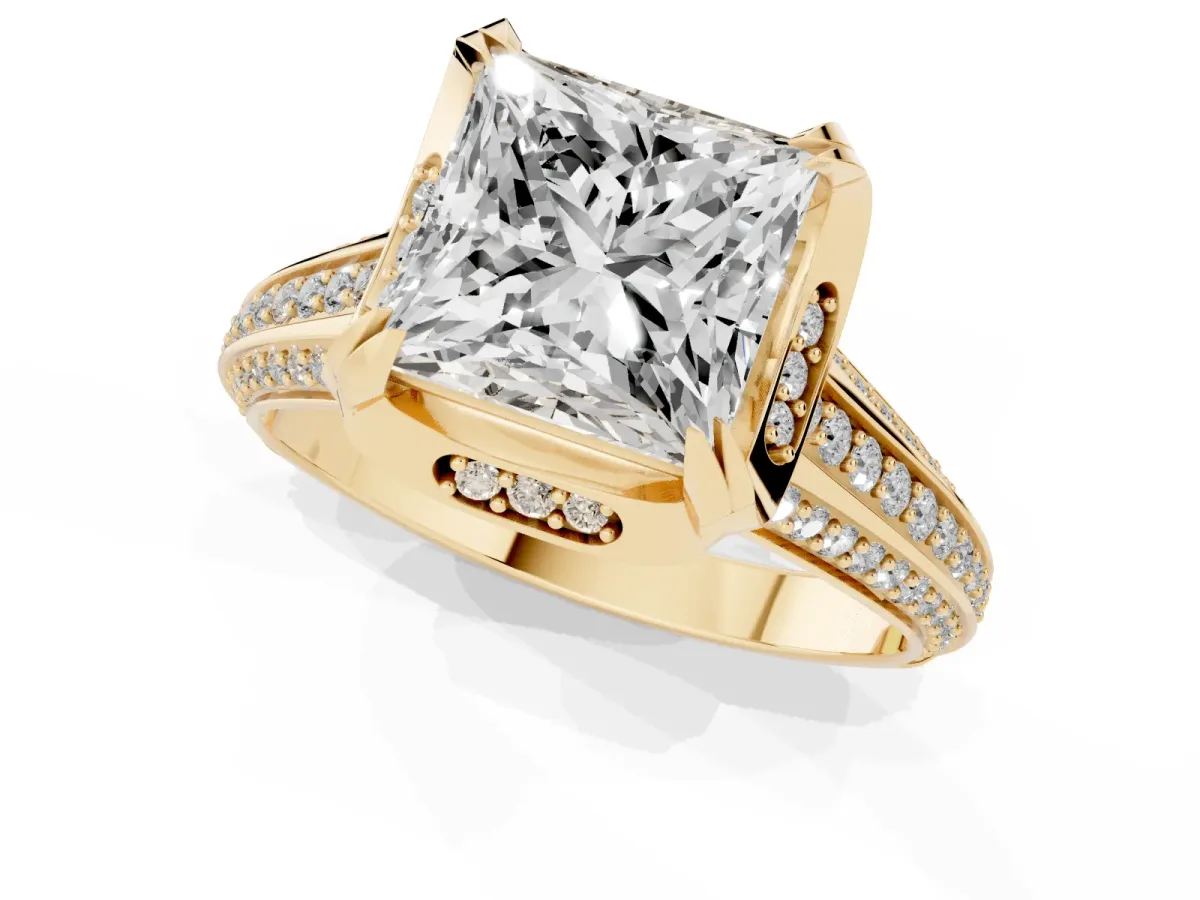 Princess Cut Solitaire Pave Split Shank Ring with Four-Prong Setting Yellow gold