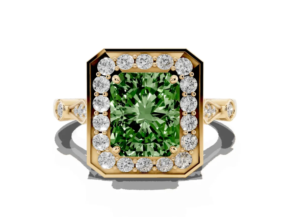 Fancy Green Radiant Cut Halo Diamond Engagement Ring with Twisted Band and Four-Prong Setting Yellow gold