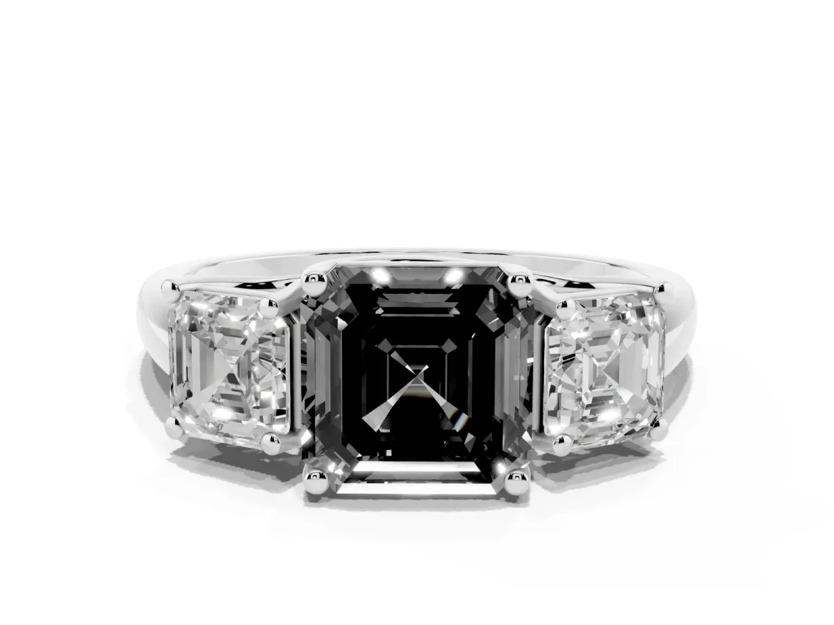 Fancy Black Three-Stone Asscher Cut Diamond Engagement Ring with Prong Setting Platinum