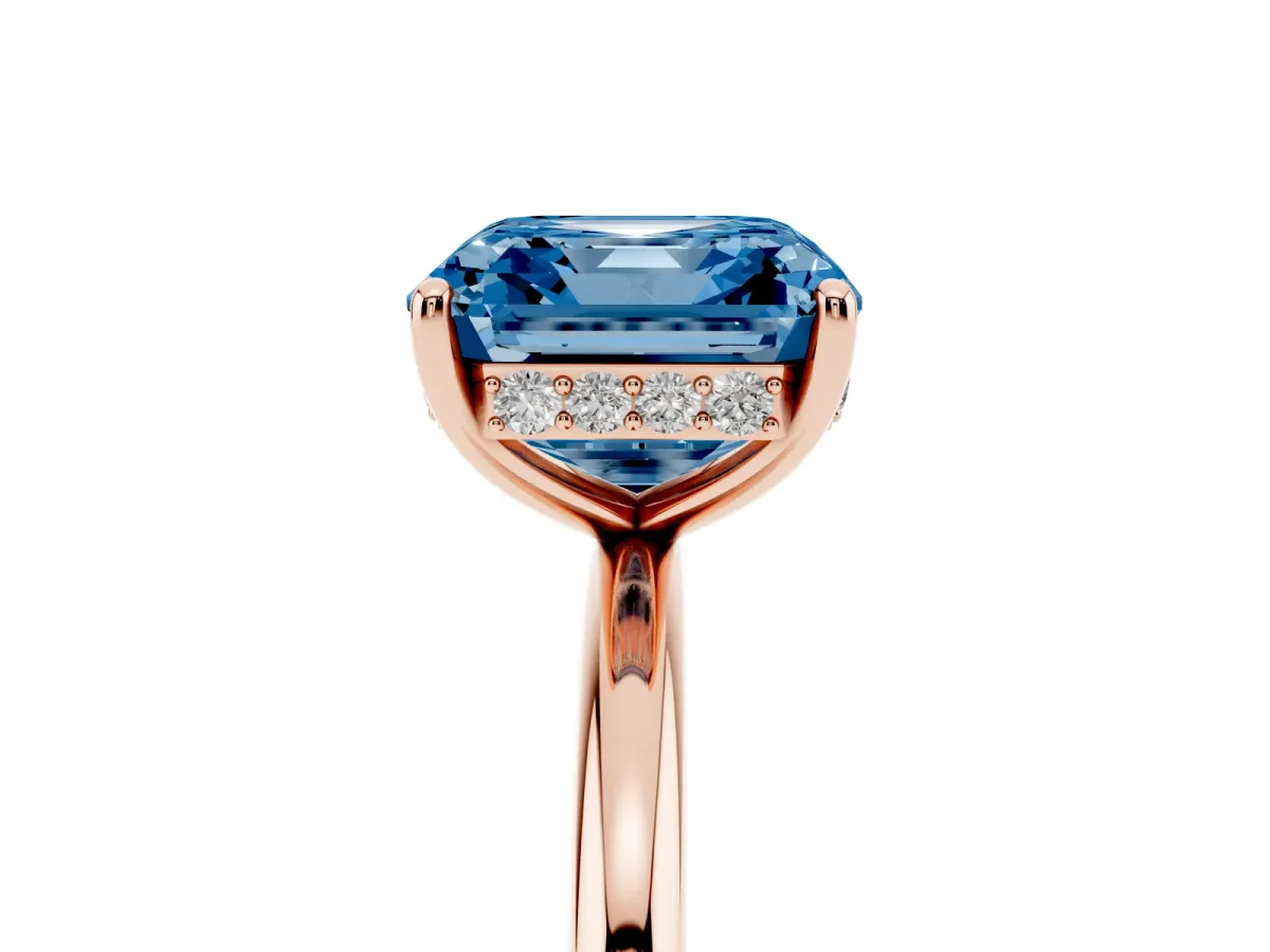 Fancy Blue Asscher Cut Solitaire Diamond Ring with a Classic Band and Four-Prong Setting Rose gold