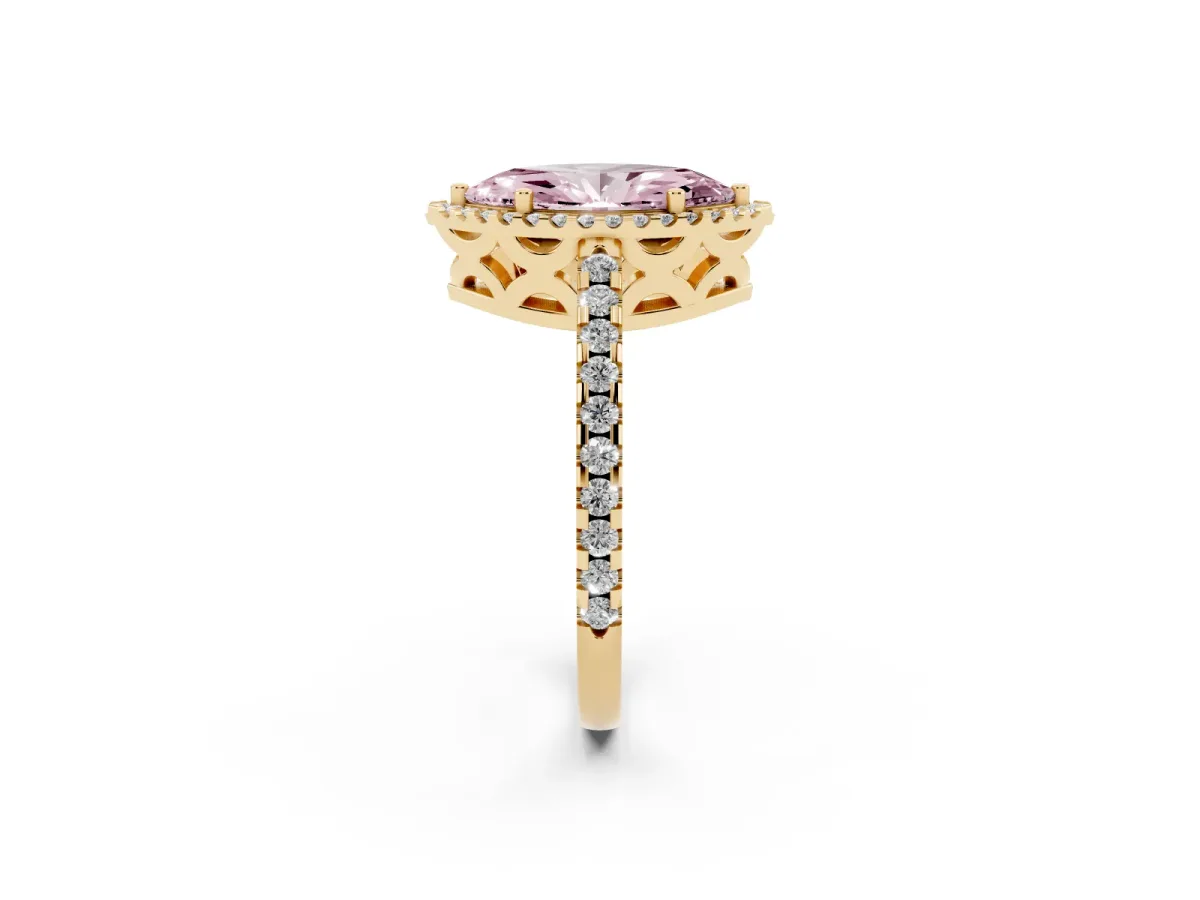 Fancy Pink Marquise Cut Diamond Halo Engagement Ring with Pavé Band and Prong Setting Yellow gold