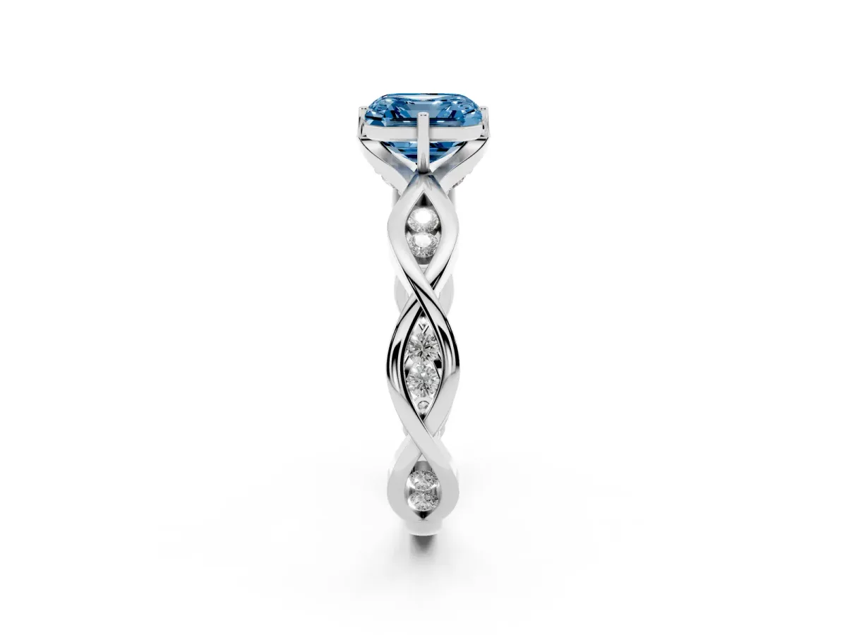 Fancy Blue Asscher Cut Solitaire Twist Band with Leaf Prong Setting Platinum