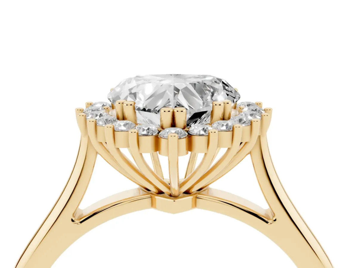 Heart Cut Cut Diamond Halo Ring with Solitaire Band and Prong Setting Yellow gold