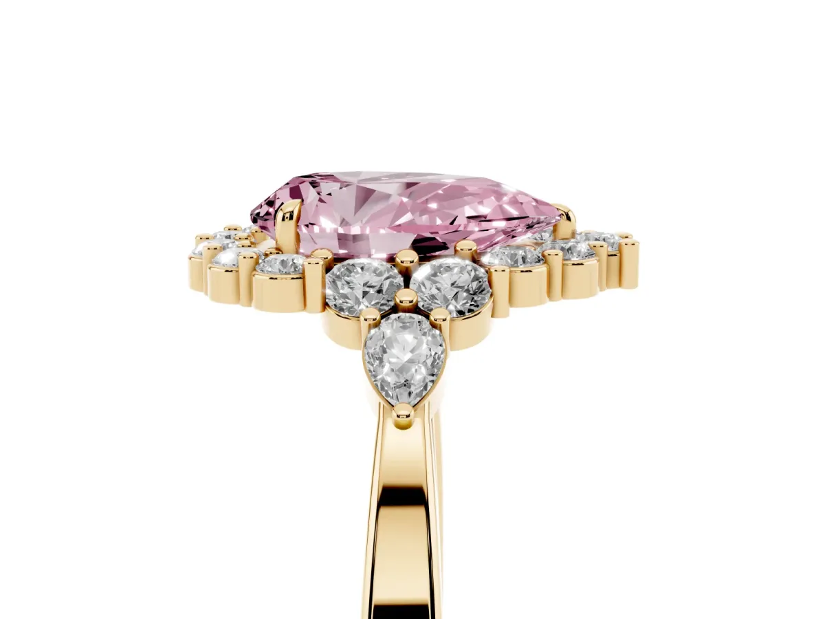 Fancy Pink Pear Cut Diamond Halo Ring with Pear Side Stones and Prong Setting Yellow gold