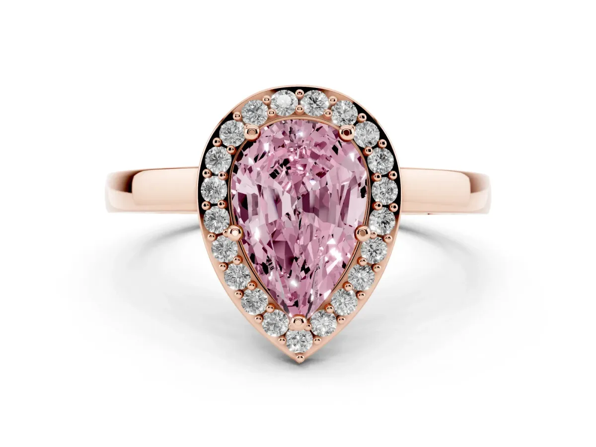 Fancy Pink Pear Cut Halo Diamond Ring with Solitaire Band and Prong Setting Rose gold