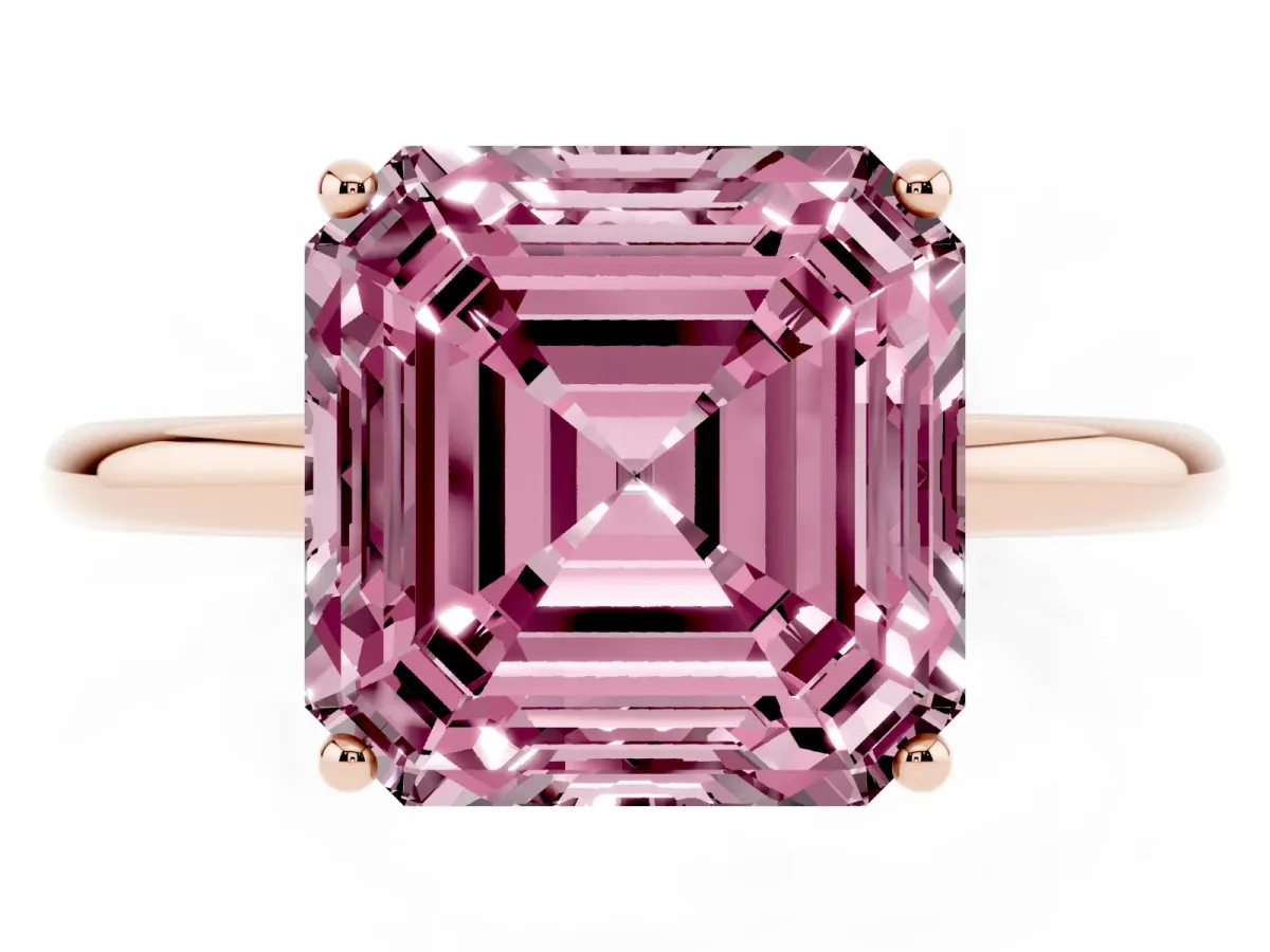 Fancy Pink Asscher Cut Solitaire Diamond Ring with a Classic Band and Four-Prong Setting Rose gold