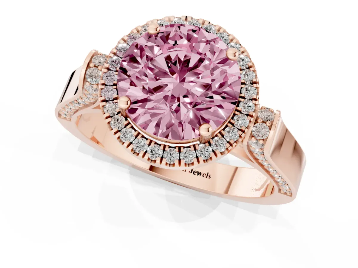 Fancy Pink Round Cut Halo Round Diamond Twist Band with Four-Prong Setting Rose gold