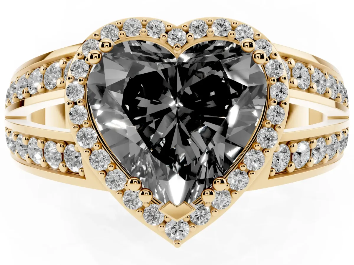 Fancy Black Heart Cut Diamond Halo Ring with Split Shank Pavé Band and Four-Prong Setting Yellow gold