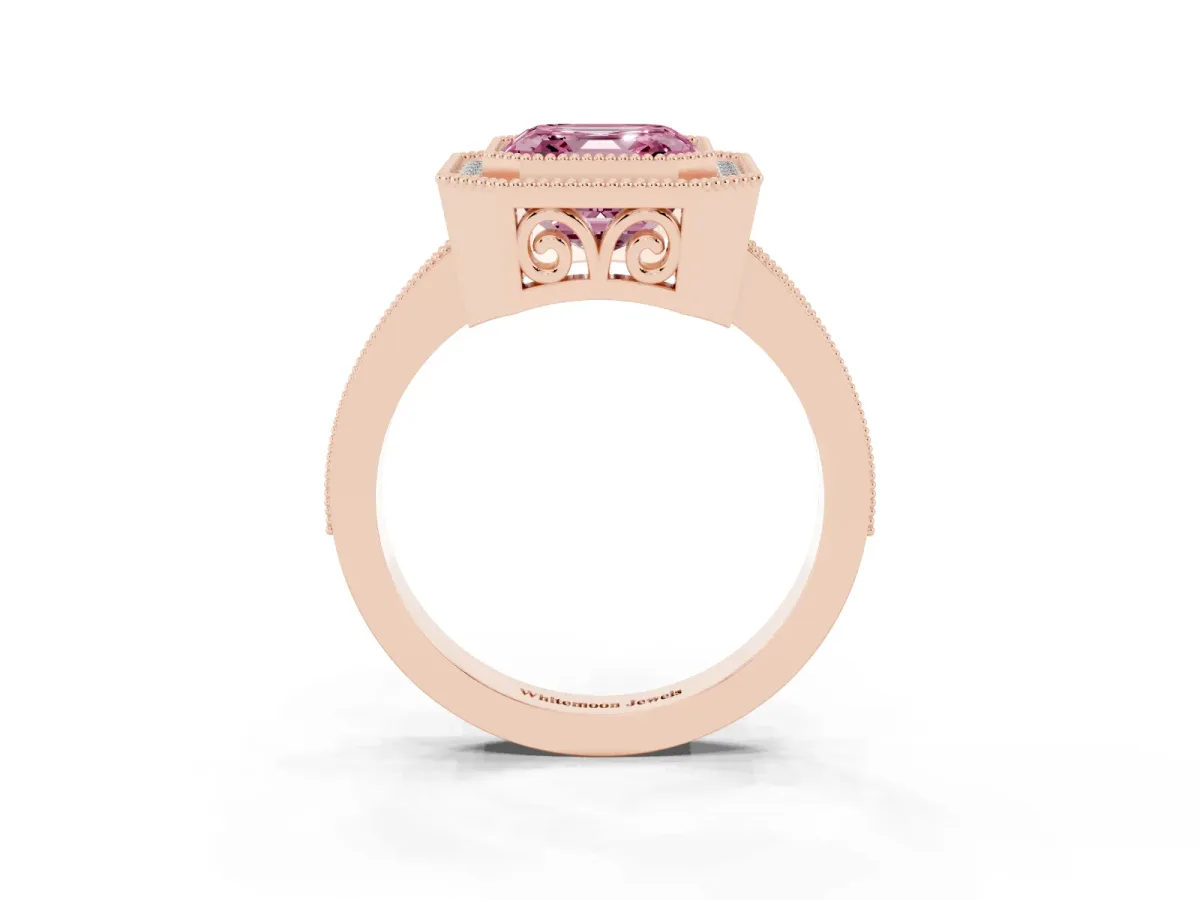 Fancy Pink Asscher Cut Cut Halo Diamond Ring with Pavé Band and Milgrain Prong Setting Rose gold