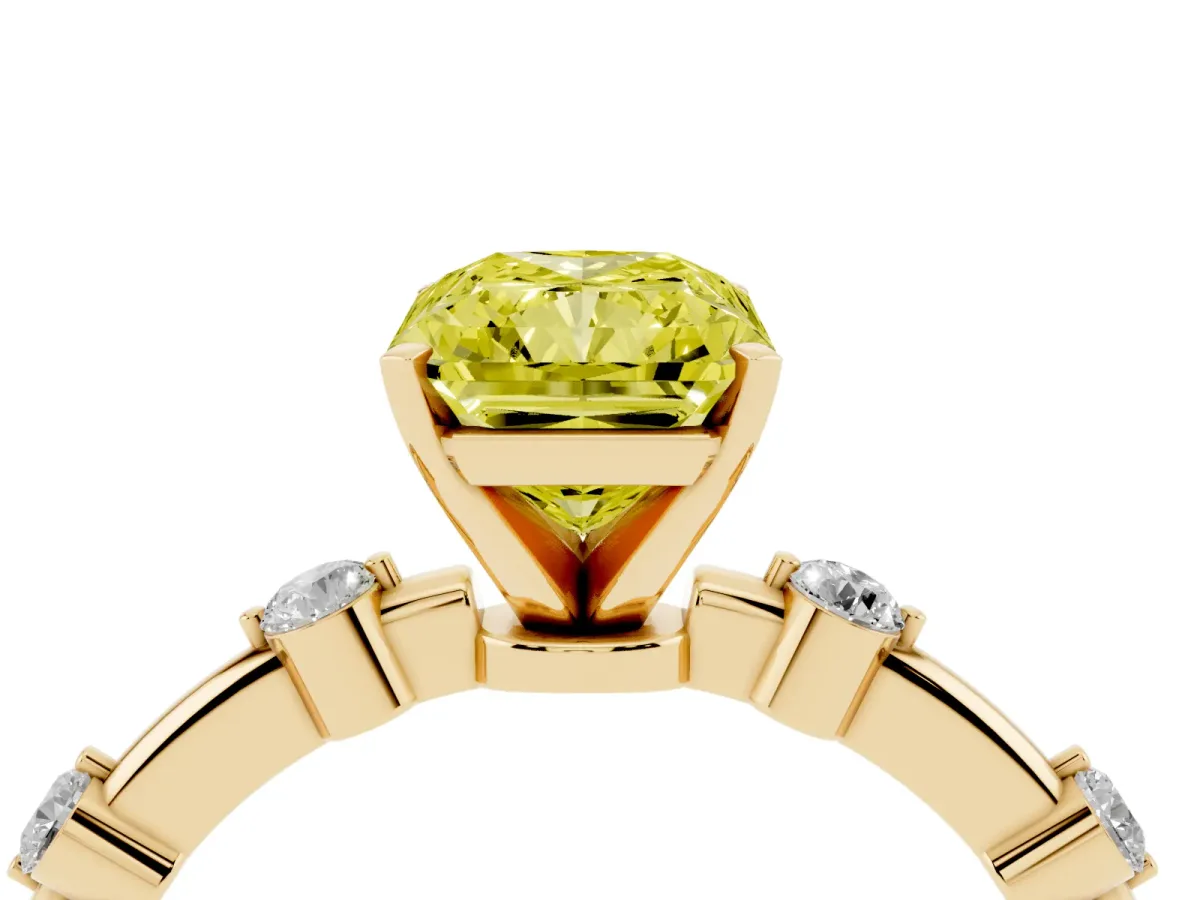 Fancy Yellow Radiant Cut Solitaire Diamond Ring with Bezel Set Side Stones and Prong Setting Yellow gold